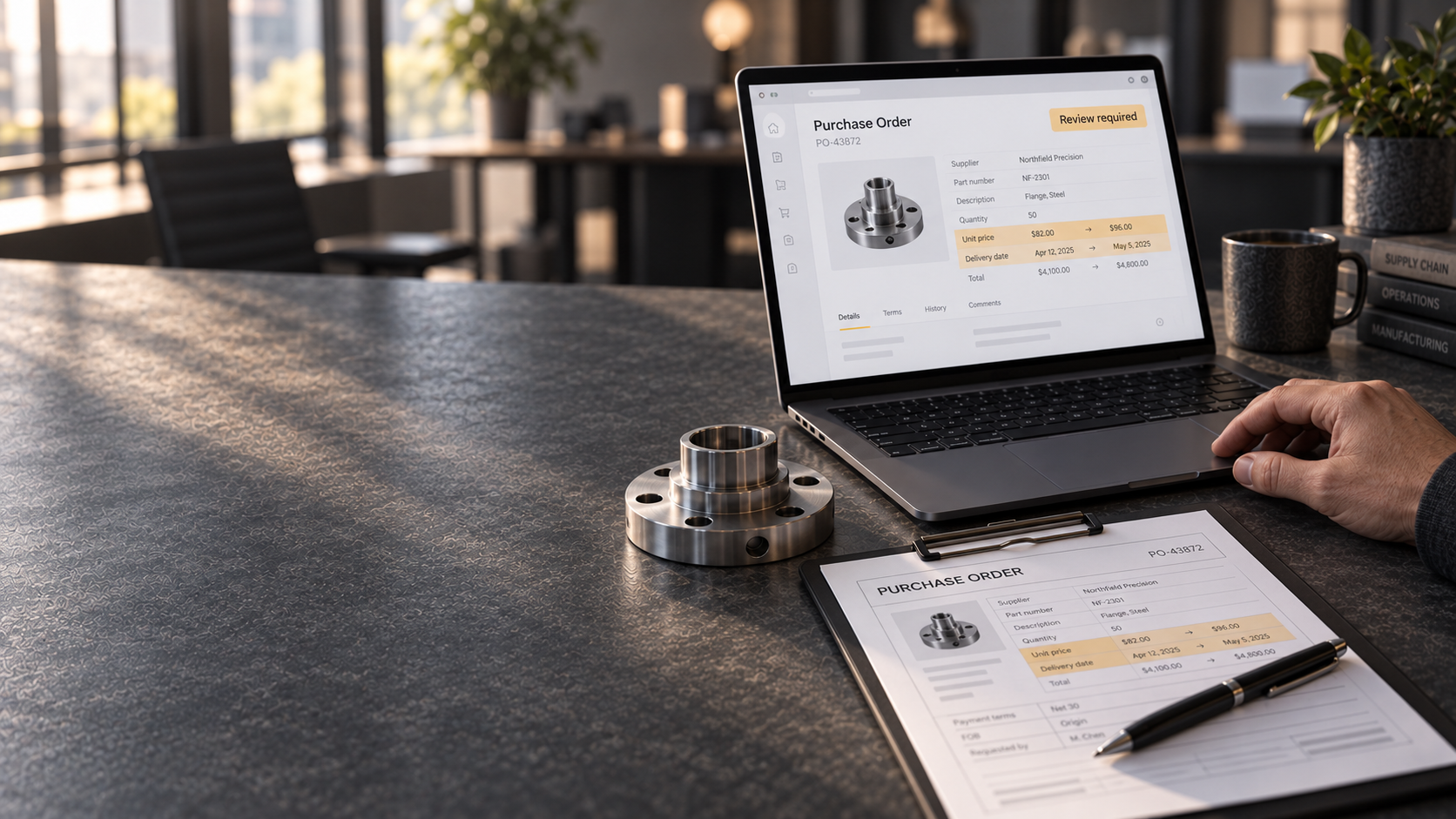 A person reviews a purchase order on a laptop, with price and delivery changes highlighted beside a printed order and a machined metal component.