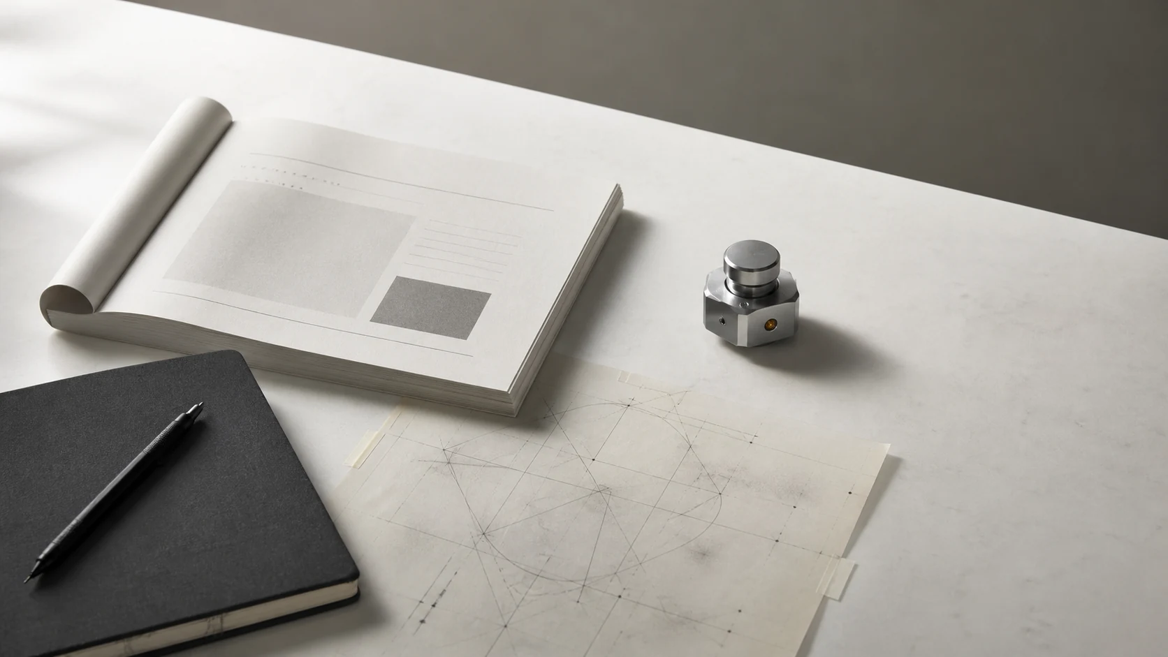 Research papers, a technical notebook and a geometric study arranged on a mineral table